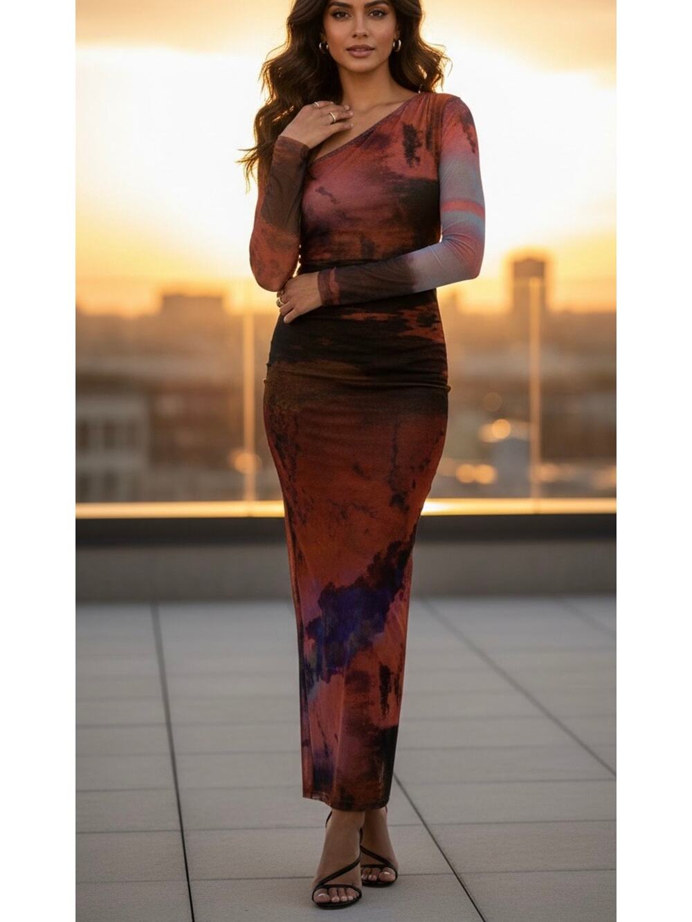 ZARA Mesh Maxi Dress One Shoulder Long Sleeve Abstract Print Sunset Brown Sz S